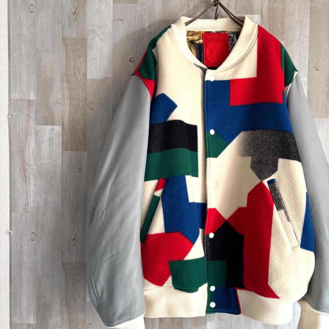 フェノメノン 袖レザー 総柄スタジャン ジャケット ビッグサイズ 中古・古着通販】PHENOMENON (フェノメノン) スタジャン ブラック